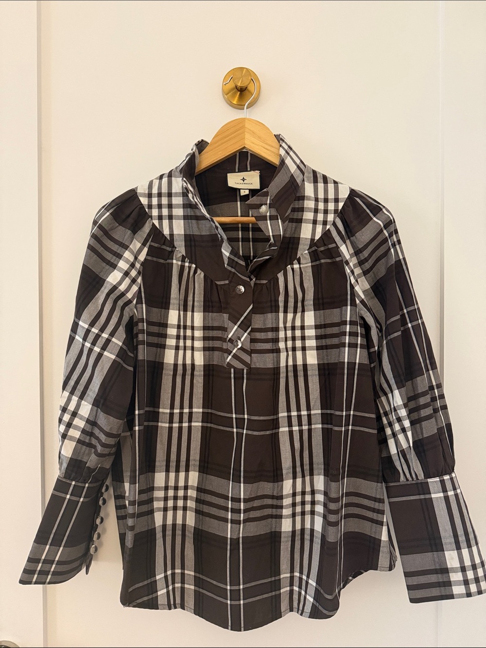Tuckernuck Brown Black and White Plaid Button Blouse